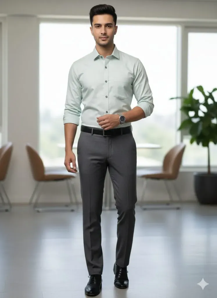 RAZAA`s solid light pistachio green shirts.