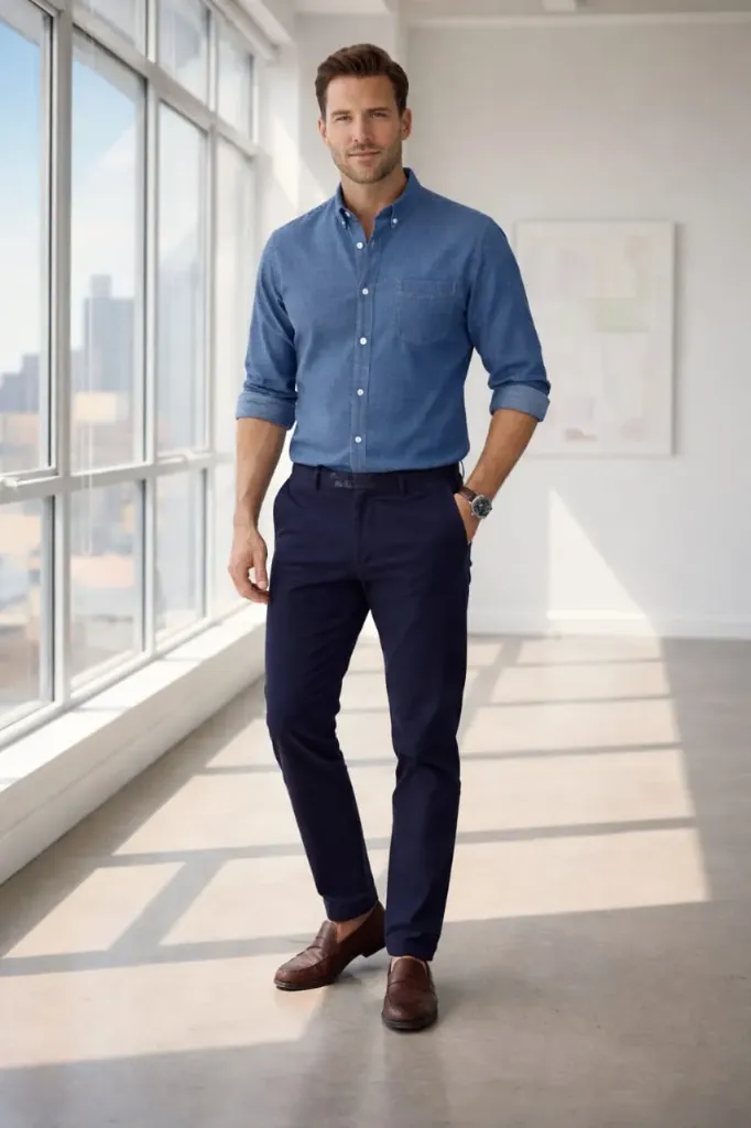 RAZAA`s solid denim blue shirts